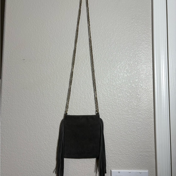Chic Gray Suede Leather Gold Chain Crossbody Bag with Fringe on Both Sides. - Picture 1 of 15